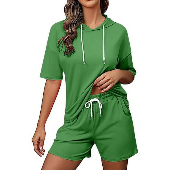 BLVB Women's 2 Piece Summer Outfits Casual Short Sleeve Hoodie Tops and Drawstring Shorts Lounge Sets Tracksuit