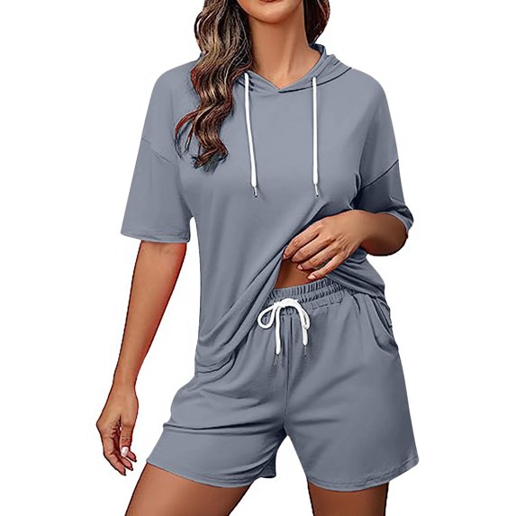 BLVB Women's 2 Piece Summer Outfits Casual Short Sleeve Hoodie Tops and Drawstring Shorts Lounge Sets Tracksuit