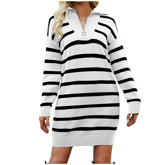 BLVB Women's 2023 Fall Pullover Sweaters Stripe Ribbed Knit Long Sleeve Zip up Loose Comfy Mini Sweater Dress White