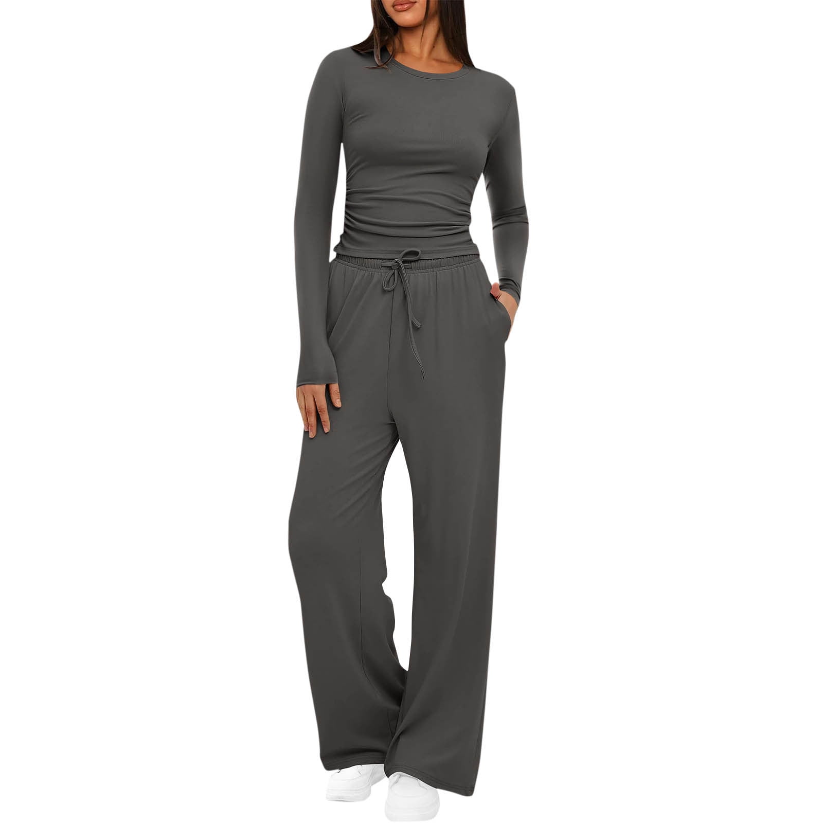 Women's Sports Half-high-neck Long-sleeved T-shirt Drawstring Wide-leg Pants Two-piece Set