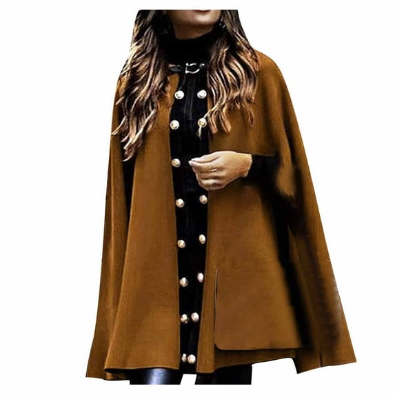 BLVB Women's Fall Winter Elegant Cape Cardigans Solid Color Button Wool Blend Cloak Outwear for Ladies
