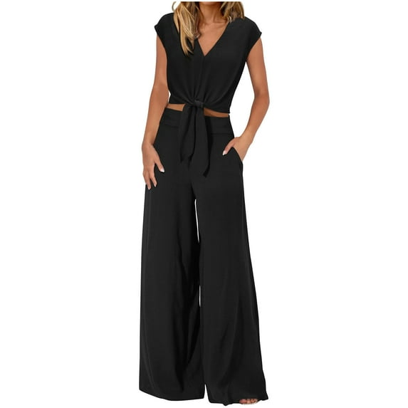 BLVB Women's Summer 2 Piece Outfits Cap Sleeve V Neck Belted Crop Tops Pocketed Wide Leg Pant Sets Casual Tracksuit