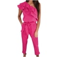thumbnail image 1 of BLVB Women's Summer Casual Jumpsuits Ruffle a Shoulder 1 Piece Belted Long Pants Rompers with Pockets, 1 of 6
