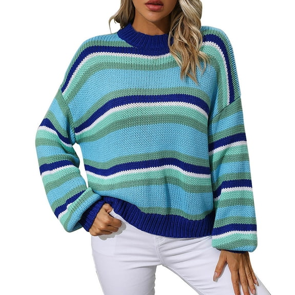 BLVB Women's Casual Fall Sweaters Stripe Long Sleeve Ribbed Knit Sweater Loose Crewneck Pullover Jumper Tops