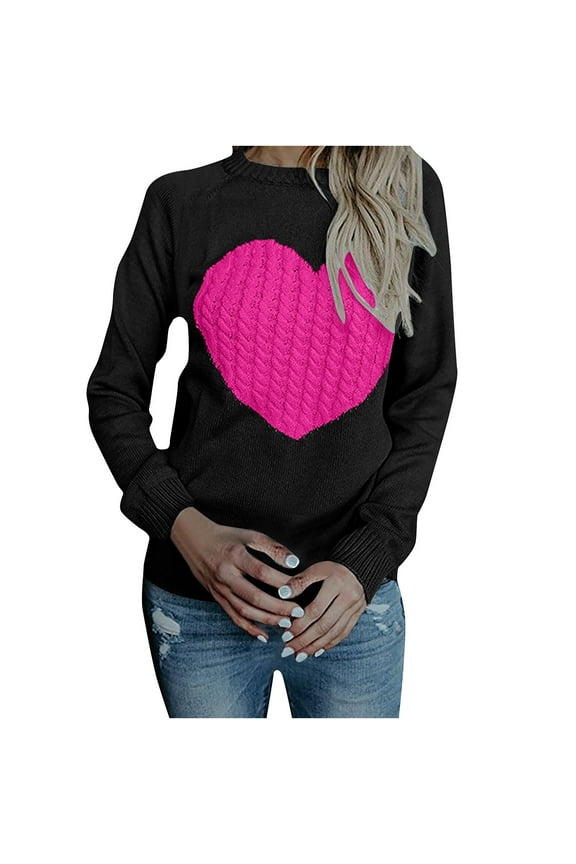 Women's Fall Pullover Sweater Long Sleeve Crewneck Cable Knit Heart Graphic Cute Sweater Tops for Women