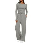 BLVB Womens Fall Two Piece Outfits Track Suits Long Sleeve Tops Tee Shirts Wide Leg Pants Matching Lounge Sets