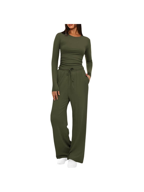 Women's Fall Two Piece Outfits Track Suits Long Sleeve Tops Tee Shirts Wide Leg Pants Matching Lounge Sets