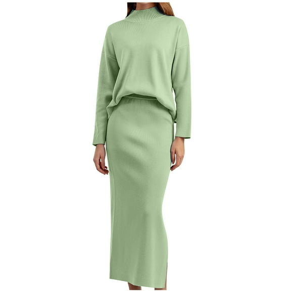 BLVB Women's Fall Winter 2 Piece Sweater Outfits Long Sleeve Turtleneck Tops Side Slit Maxi Long Skirt Knit Loungewear