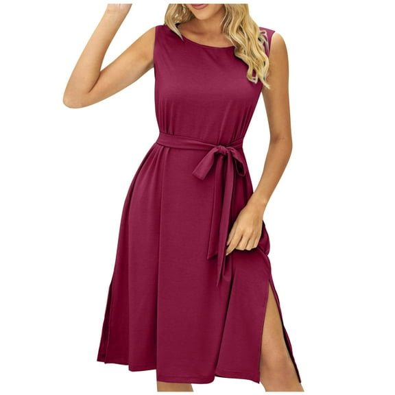 BLVB Women's Midi Dresses Casual Sleeveless Side Slit Loose Tank Dress Solid Color Belted Summer Dress for Women