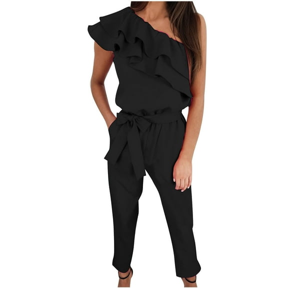 BLVB Women's Summer Casual Jumpsuits Ruffle a Shoulder 1 Piece Belted Long Pants Rompers with Pockets