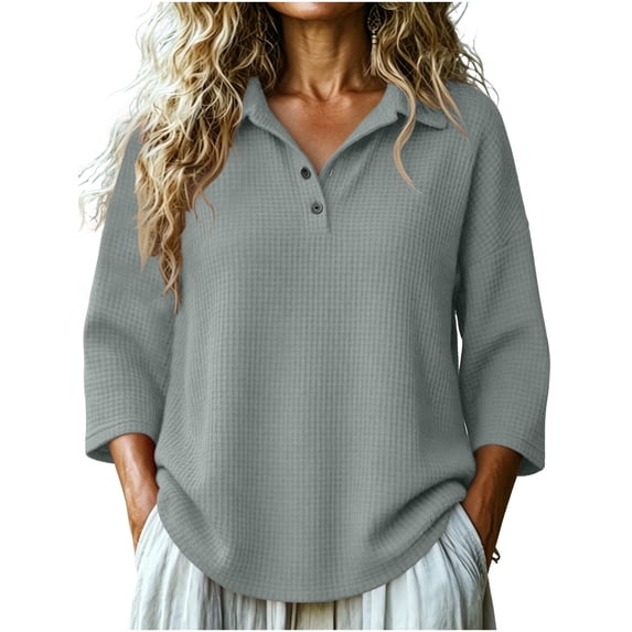 BLVB Women's 3/4 Sleeve Knit Tops V Neck Collared T-Shirts Loose Casual Tunic Blouses Button Tees Fall Clothes