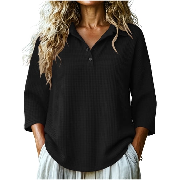 BLVB Women's 3/4 Sleeve Knit Tops V Neck Collared T-Shirts Loose Casual Tunic Blouses Button Tees Fall Clothes