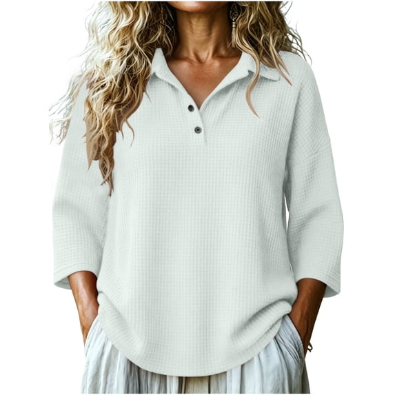 BLVB Women's 3/4 Sleeve Knit Tops V Neck Collared T-Shirts Loose Casual Tunic Blouses Button Tees Fall Clothes