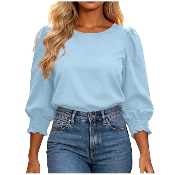 BLVB Women's 3/4 Sleeve Ladies Tops and Blouses Loose Fit Dressy Casual T Shirts for Women Basic Tees with Smocked Cuffs