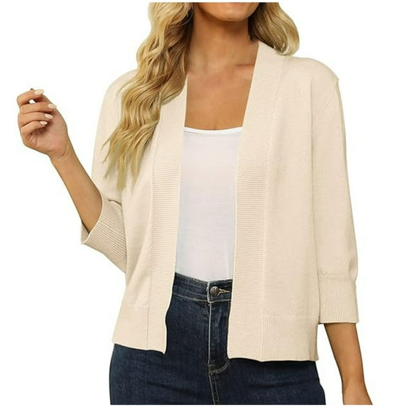 BLVB Women's 3/4 Sleeve Lightweight Cardigan Knit Sweaters Outwear Cropped Open Front Shrug for Dresses