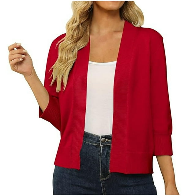BLVB Women's 3/4 Sleeve Lightweight Cardigan Knit Sweaters Outwear Cropped Open Front Shrug for Dresses