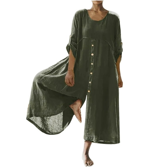 BLVB Women's 3/4 Sleeve Linen Jumpsuits Crewneck Button Front Fowy Rompers Wide Leg Palazzo Beach Overalls Playsuits
