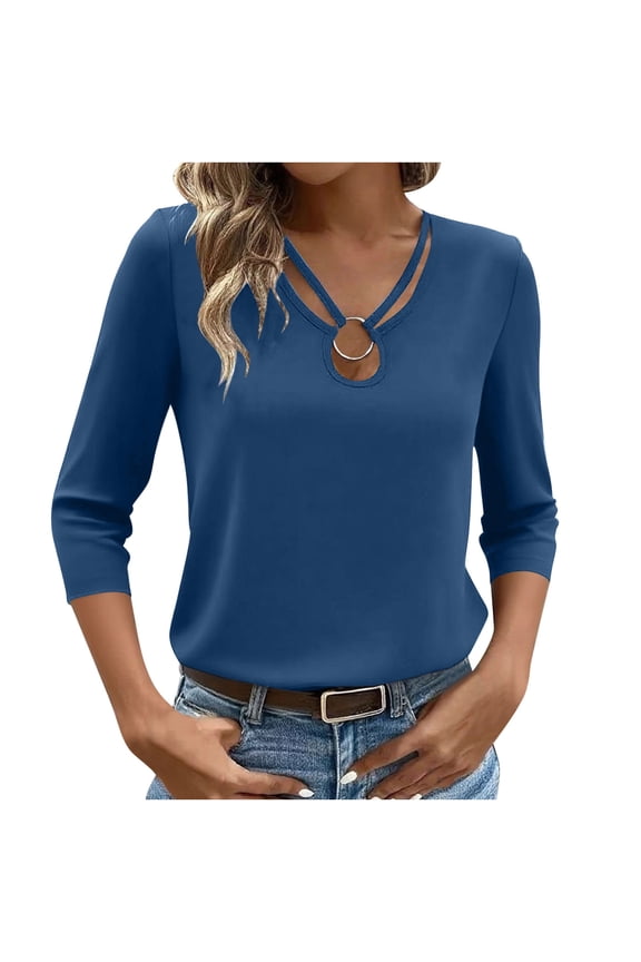 Women's 3/4 Sleeve Tops Keyhole Neck Shirts Ring Cut out Design Stretchy Tees Fall Fashion Clothes