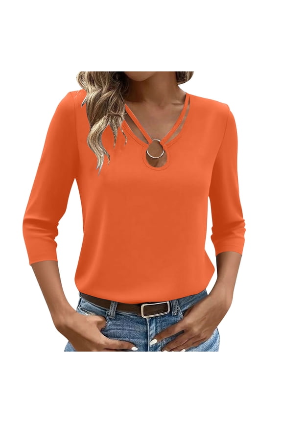 Women's 3/4 Sleeve Tops Keyhole Neck Shirts Ring Cut out Design Stretchy Tees Fall Fashion Clothes