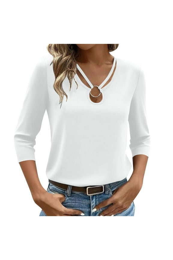 Women's 3/4 Sleeve Tops Keyhole Neck Shirts Ring Cut out Design Stretchy Tees Fall Fashion Clothes