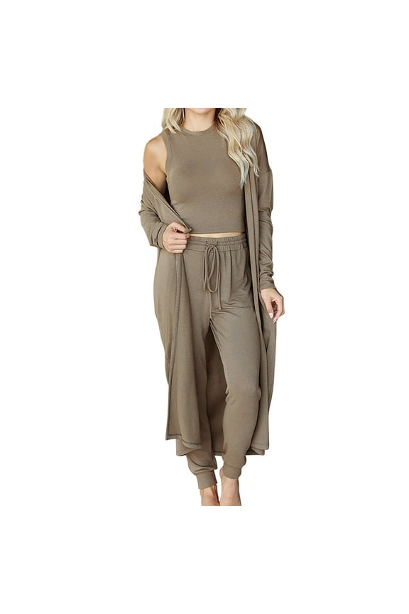 Women's 3 Piece Sweatsuit Lounge Set Cardigan Outfits Open Front Tank Top Jogger Pants PJ Casual Loungewear Tracksuit