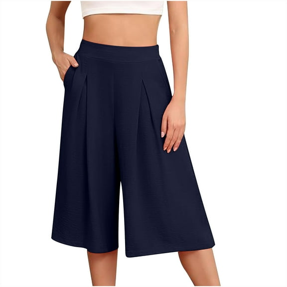 BLVB Women's Baggy Wide Leg Palazzo Capris Pull on Solid Color Summer Beach Cropped Culottes Pants Pocketed