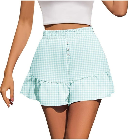 BLVB Women's Beach Vacation Shorts Summer Casual Cute Ruffle Boho Shorts Comfy Trendy Button Elastic Waist Plaid Shorts