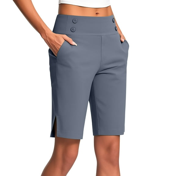 BLVB Women's Bermuda Long Shorts Athletic Knee-Length Side Slit Shorts with Pockets for Workout Lounge Casual