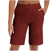 BLVB Women's Bermuda Long Shorts with Pockets Elastic Waisted Knee Length Shorts for Women Walking Athletic Lounge