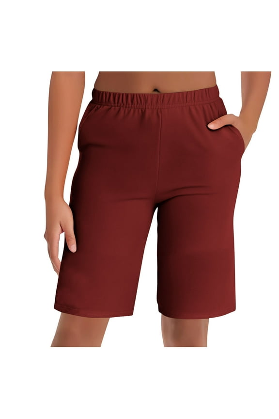 Women's Bermuda Long Shorts with Pockets Elastic Waisted Knee Length Shorts for Women Walking Athletic Lounge