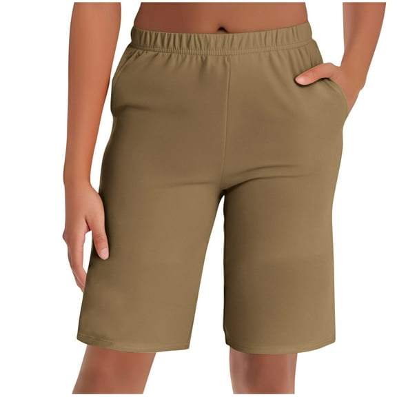 BLVB Women's Bermuda Long Shorts with Pockets Elastic Waisted Knee Length Shorts for Women Walking Athletic Lounge