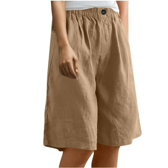 BLVB Women's Bermuda Shorts Summer Comfy Cotton Linen Capri Pants Casual Knee Length Walking Long Shorts with Pockets