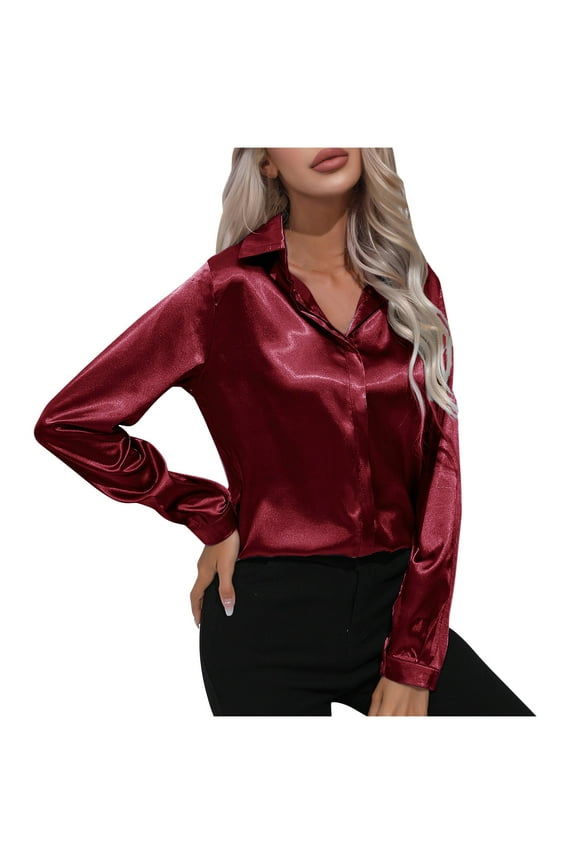 Women's Blouse Satin Silk Collared Shirts Button Shirts Casual Loose Long Sleeve Office Work Tunic Tops