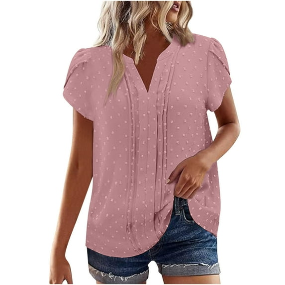 BLVB Women's Business Casual Tops Dressy Work Office Blouses Summer Outfit Fashion Petal Short Sleeve V Neck Tshirt