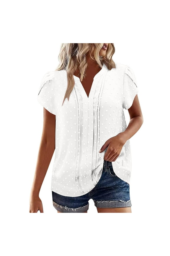 Women's Business Casual Tops Dressy Work Office Blouses Summer Outfit Fashion Petal Short Sleeve V Neck Tshirt