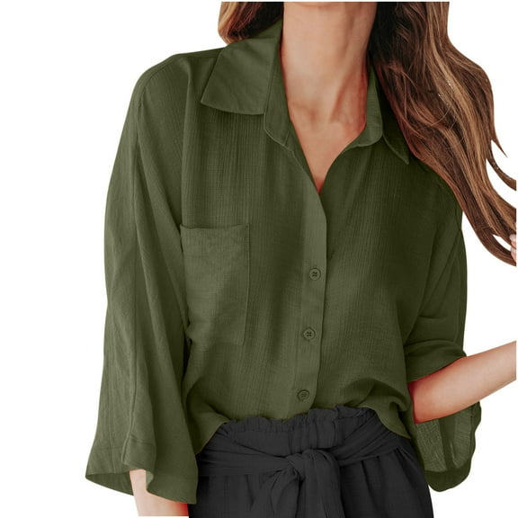 BLVB Women's Button Down Shirts 3/4 Sleeve Collared Work Top Solid Color Casual Summer Fall Chiffon Blouses Tunics Army Green