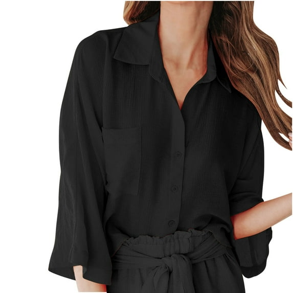BLVB Women's Button Down Shirts 3/4 Sleeve Collared Work Top Solid Color Casual Summer Fall Chiffon Blouses Tunics Black
