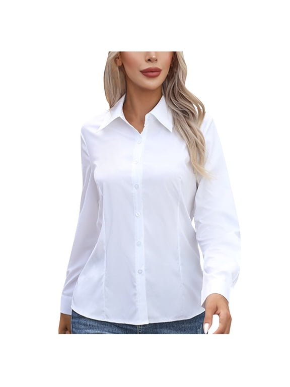 Women's Button down Shirts Long Sleeve Blouses Formal Collared Dress Shirts V Neck Tops Office Work Shirts