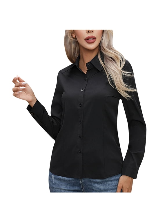 Women's Button down Shirts Long Sleeve Blouses Formal Collared Dress Shirts V Neck Tops Office Work Shirts
