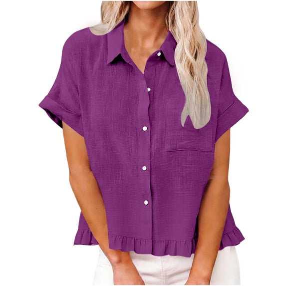 BLVB Women's Button down Shirts Summer Short Sleeve Tops Ruffle Dressy Casual Outfits Loose Vacation Clothes