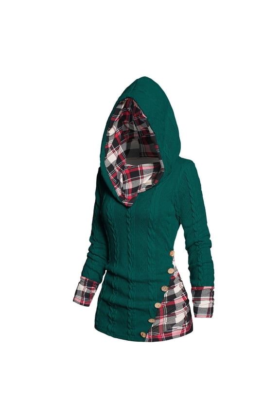 Women's Cable Knit Plaid Patchwork Hooded Sweater Mock Button Ruched Knit Top Pullover Sweatshirts Fall Outfits
