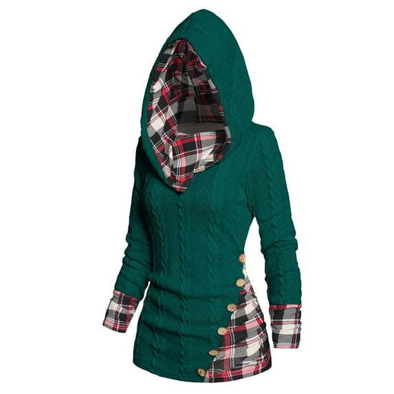BLVB Women's Cable Knit Plaid Patchwork Hooded Sweater Mock Button Ruched Knit Top Pullover Sweatshirts Fall Outfits