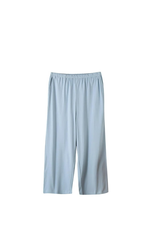 Women's Capri Pajama Pants Plain Elastic Waist Comfy Pj Bottoms Wide Leg Lounge Capris Loose Sleepwear
