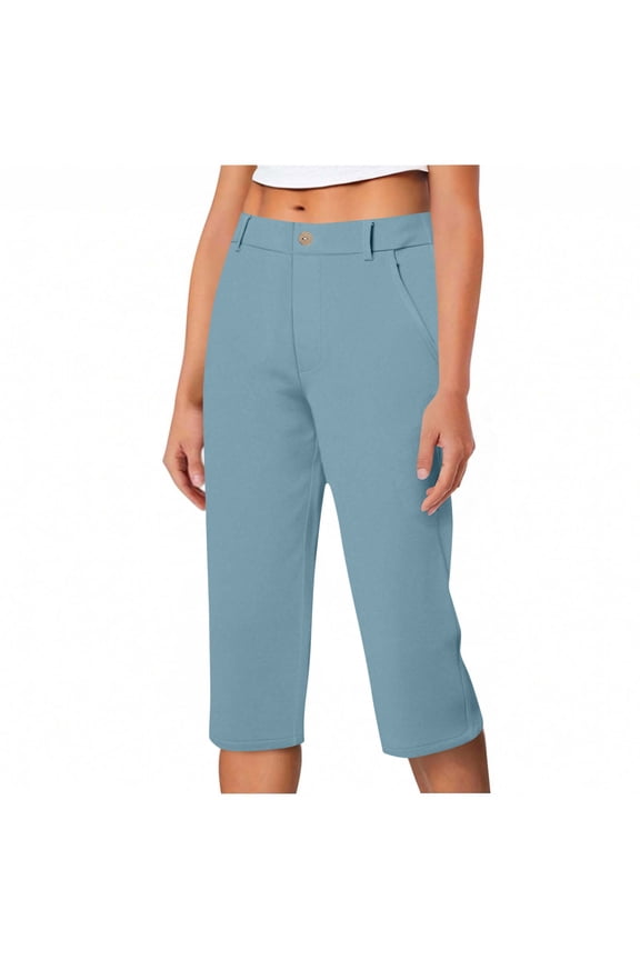 Women's Capri Pants Summer Stretch Straight Leg Golf Yoga Business Casual Dressy Cropped Pants Pull-On Slacks with Pockets