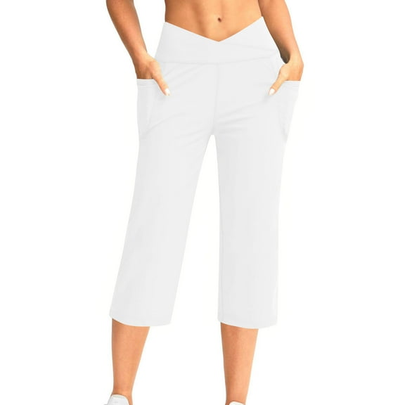 BLVB Women's Capri Pants with Pockets Crossover High Waist Yoga Pants Wide Leg Workout Crop Summer Pants for Casual, Travel, Exercise