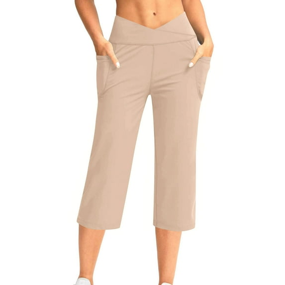 BLVB Women's Capri Pants with Pockets Crossover High Waist Yoga Pants Wide Leg Workout Crop Summer Pants for Casual, Travel, Exercise
