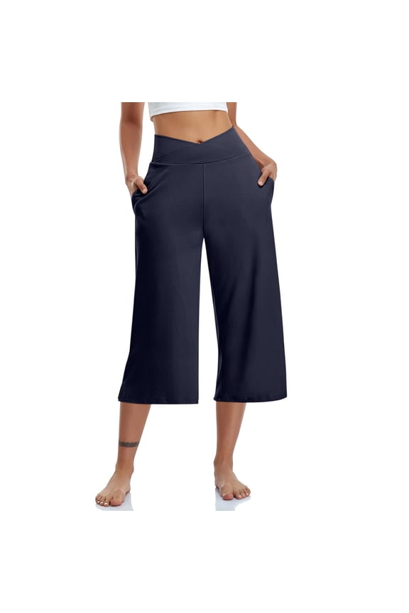 Women's Capri Yoga Pants Loose Crossover Waist Comfy Workout Cropped Pants Stretch Wide Leg Capris with Pockets