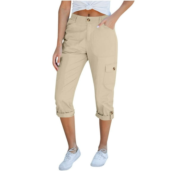 BLVB Women's Cargo Capri Pants Summer Casual Elastic Waist Lightweight Stretch Rolled Hem Capris Cropped Trousers with Pockets
