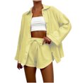 thumbnail image 1 of BLVB Women's Casual 2 Piece Outfits Tracksuits Baggy Long Sleeve Button down Shirts and Drawstring Shorts Lounge Sets, 1 of 4