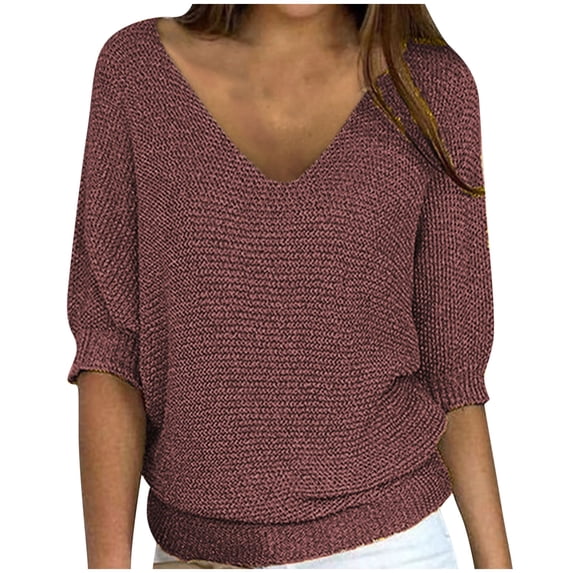 BLVB Women's Casual 3/4 Sleeve Sweaters Solid Color Plunge V Neck Loose Pullover Knit Spring Fall Tops